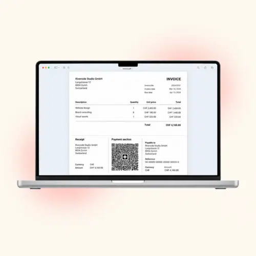 Illustration of an English invoice and Swiss QR payment section displayed on a laptop