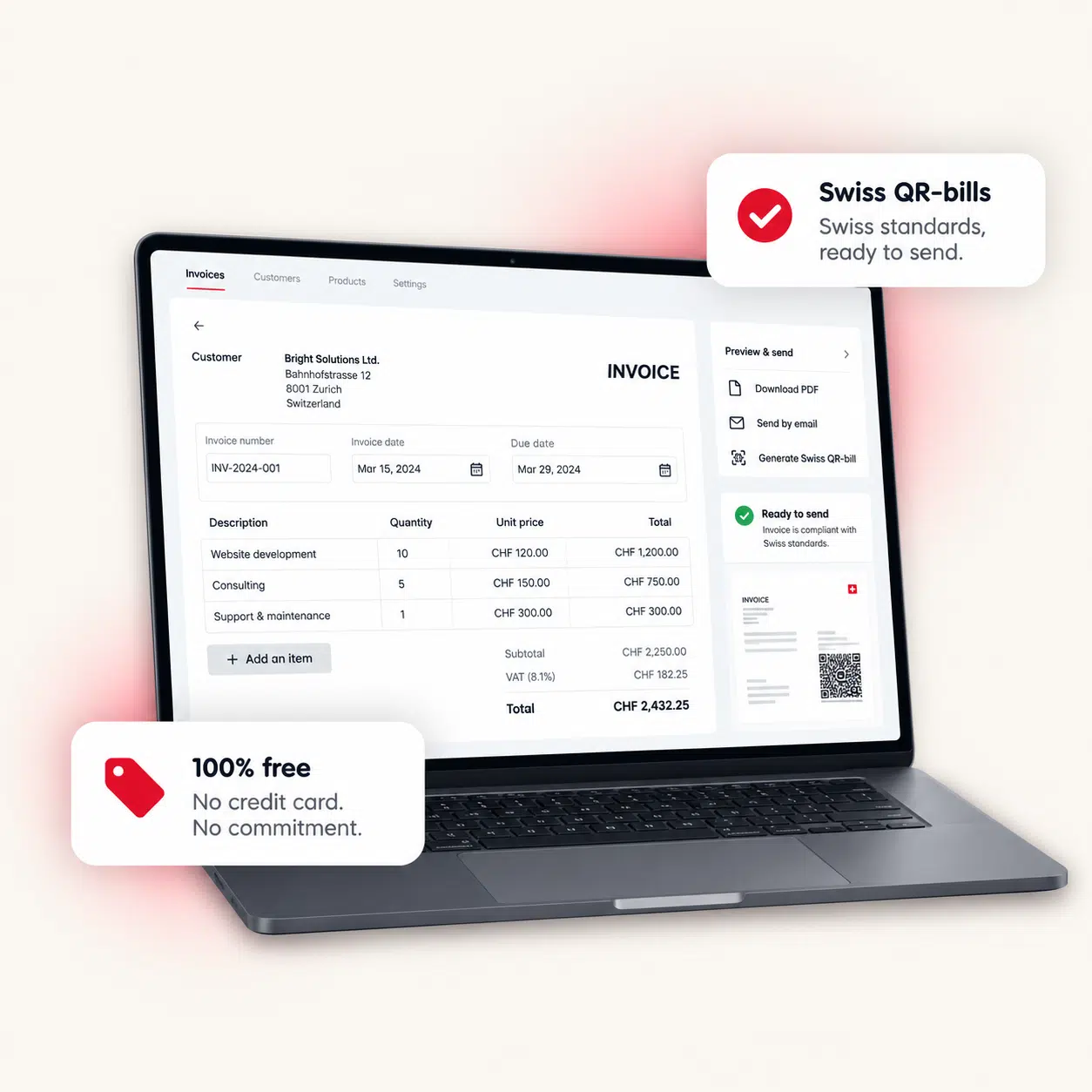 Illustration of free Swiss invoicing software on a laptop, with English labels